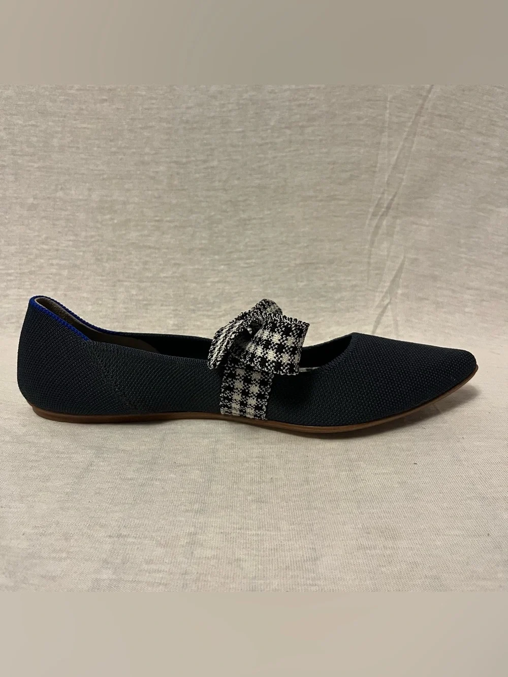 Rothy's The Point Mary Jane Bow Navy Flat with Houndstooth Bow